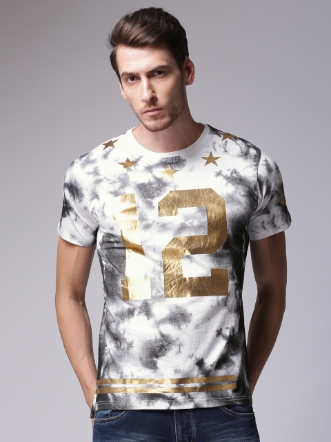 

YWC Men White and Charcoal Printed Round Neck T-shirt