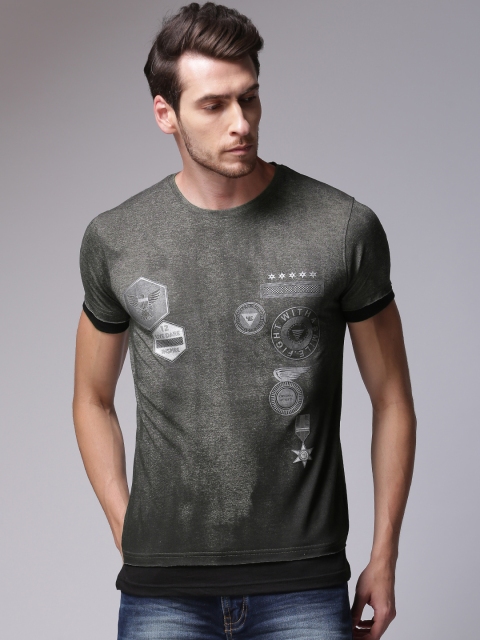 

YWC Men Charcoal Grey Printed Round Neck T-shirt