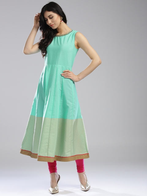 

Wishful by W Women Green Striped Anarkali Kurta