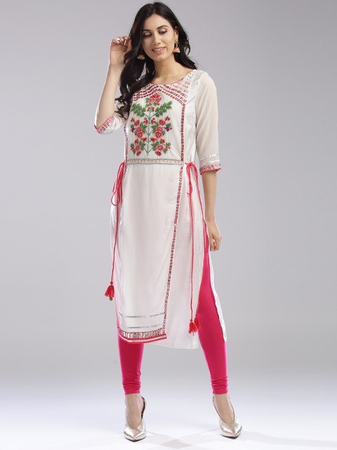 

WISHFUL by W Women White & Pink Woven Design Layered Straight Kurta