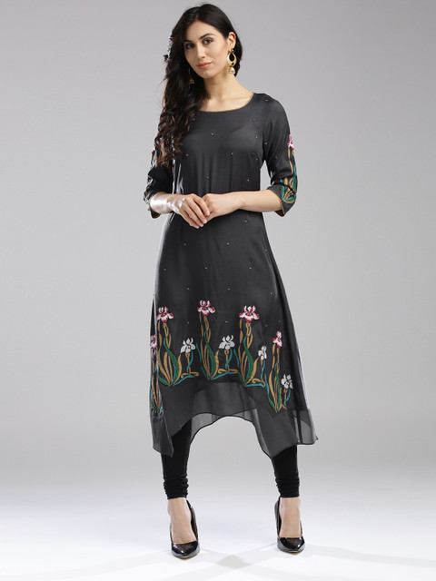 

Wishful by W Women Charcoal Grey Printed A-Line Kurta