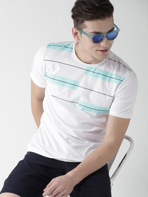 

Mast & Harbour Men White Striped Round Neck T-shirt