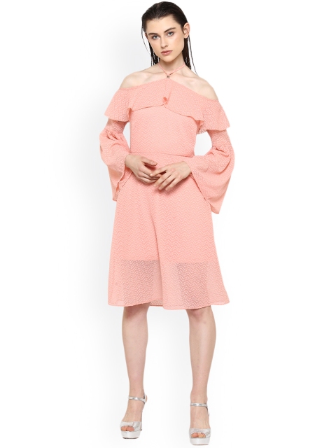 

Kazo Women Pink Cold Shoulder Self Design A-Line Dress