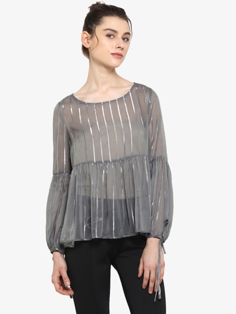 

Kazo Women Grey Striped Cinched Waist Sheer Top