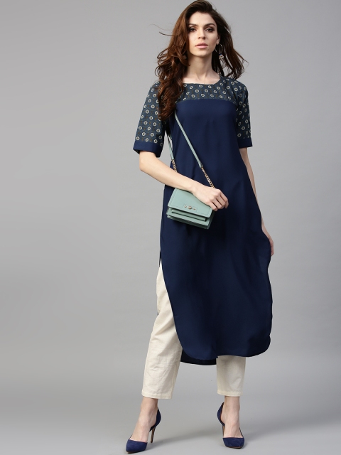 

GERUA Women Navy Yoke Design Straight Kurta, Navy blue