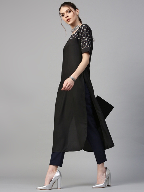 

GERUA Women Black Yoke Design Crepe Straight Kurta