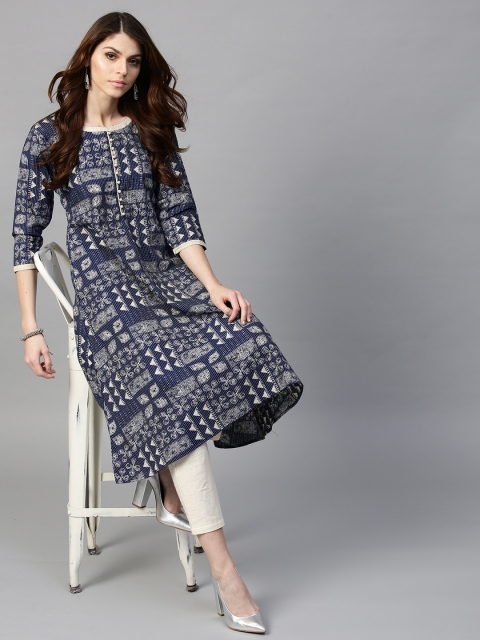 

GERUA Women Navy & Off-White Printed A-Line Kurta, Navy blue