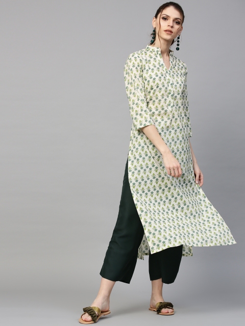 

GERUA Women Off-White & Green Printed Straight Kurta