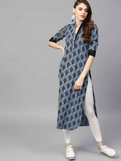 

GERUA Women Blue & Off-White Printed Straight Kurta