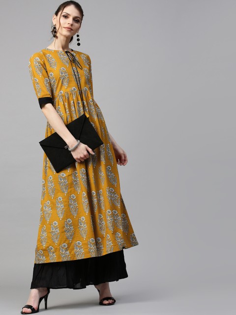 

GERUA Women Mustard Yellow & Off-White Printed A-Line Kurta