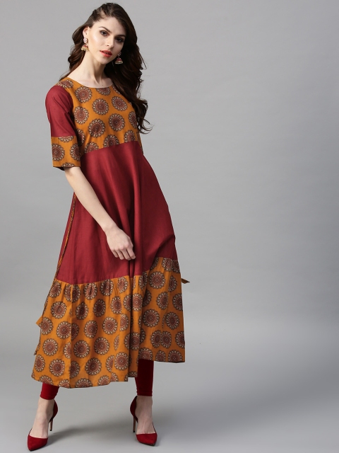

GERUA Women Maroon & Mustard Yellow Printed Anarkali Kurta