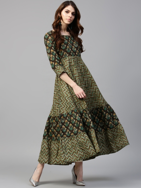 

GERUA Women Green & Brown Printed Anarkali Kurta