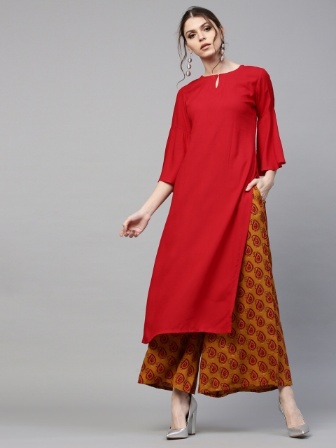 

GERUA Women Red & Mustard Brown Solid Kurta with Palazzos