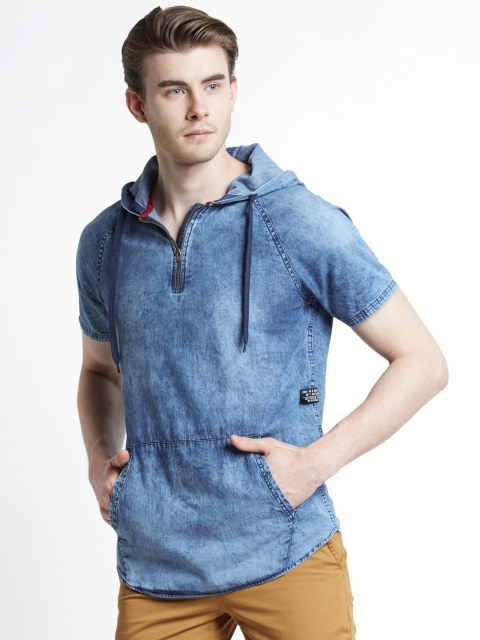 

SF JEANS by Pantaloons Men Blue Regular Fit Faded Hooded Casual Shirt