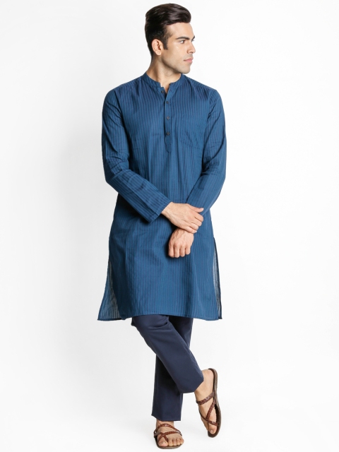 

indus route by Pantaloons Men Green & Navy Striped Straight Kurta