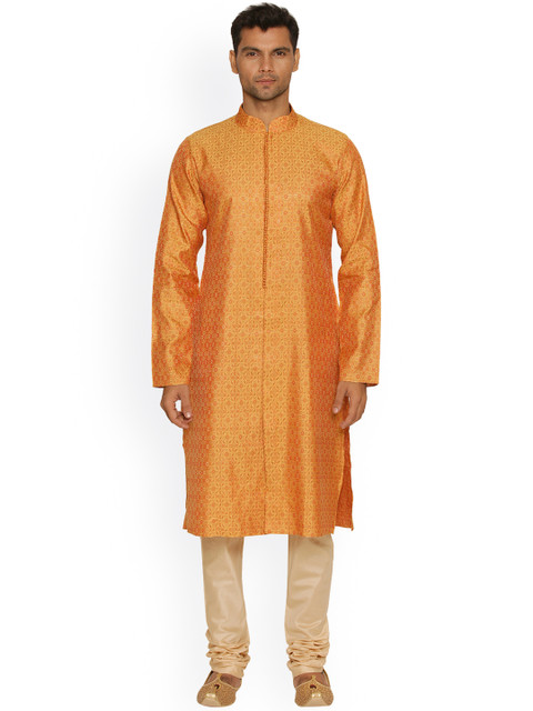 

Manyavar Men Orange & Beige Self Design Kurta with Churidar