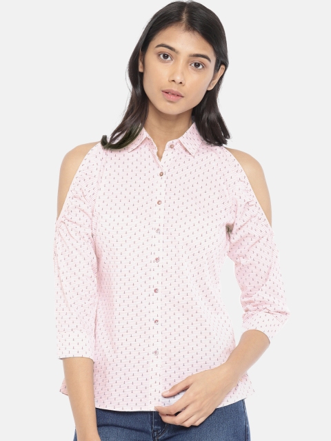 

Park Avenue Women Red & White Striped Cold Shoulder Shirt Style Top