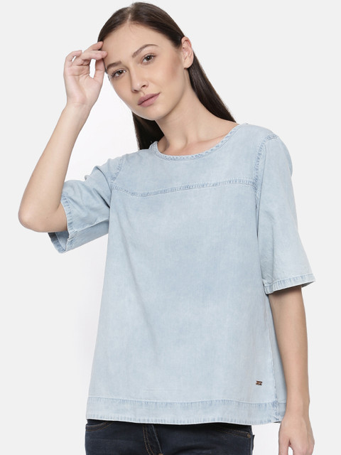 

Park Avenue Woman Women Blue Solid A-Line Pure Cotton Top