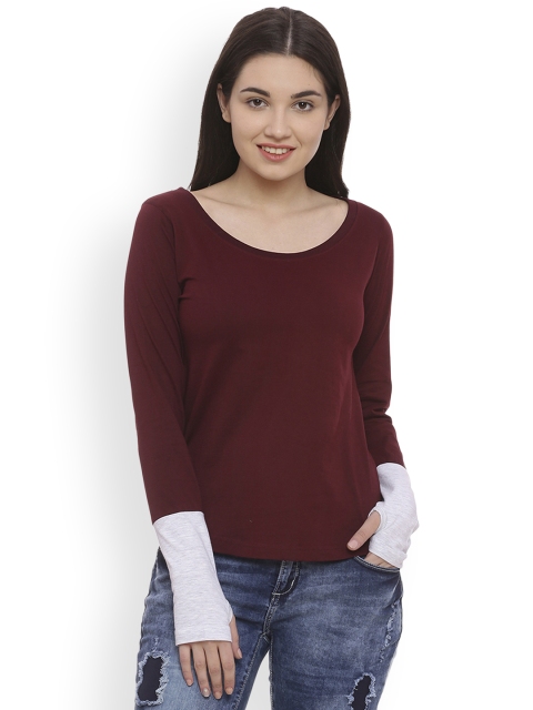 

The Dry State Women Burgundy Solid Round Neck T-shirt