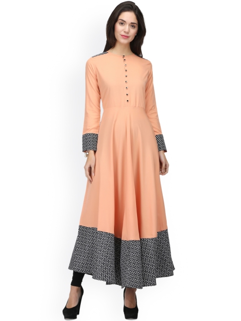 

Ojjasvi Women Peach-Coloured & Black Printed Anarkali Kurta