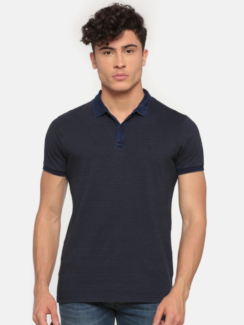 

Indian Terrain Men Blue & Olive Green Striped Polo T-shirt