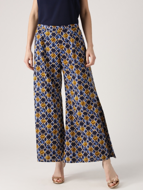 

Libas Women Navy & Olive Green Printed Flared Palazzos, Navy blue