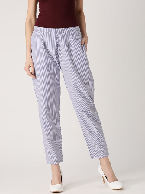 

Libas Women White & Blue Regular Fit Striped Trousers