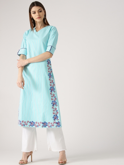 

Libas Women Turquoise Blue & White Striped Straight Kurta