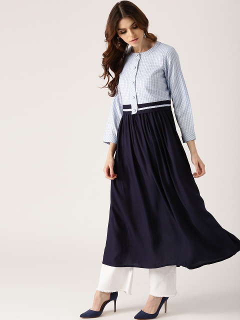 

Libas Women Navy Solid A-Line Kurta with Ethnic Jacket, Navy blue
