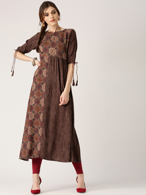 

Libas Women Coffee Brown & Red Printed A-Line Kurta