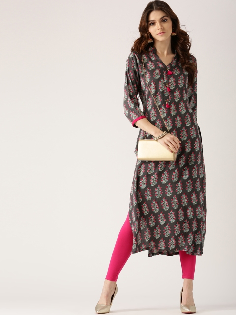 

Libas Women Charcoal Grey & Pink Printed Straight Kurta