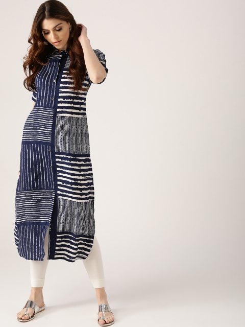 

Libas Women Navy Blue & White Striped Pathani Kurta