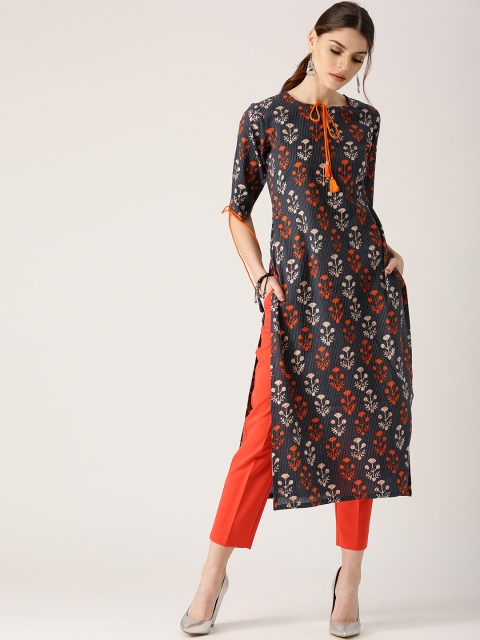 

Libas Women Navy & Orange Printed Straight Kurta, Navy blue