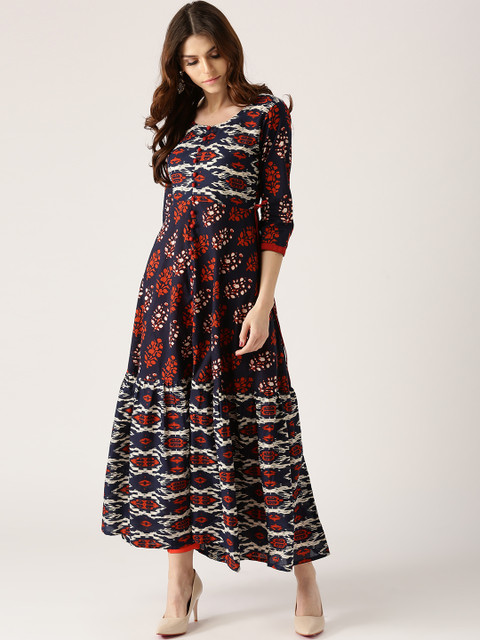 

Libas Women Navy & Orange Printed Anarkali Kurta, Navy blue