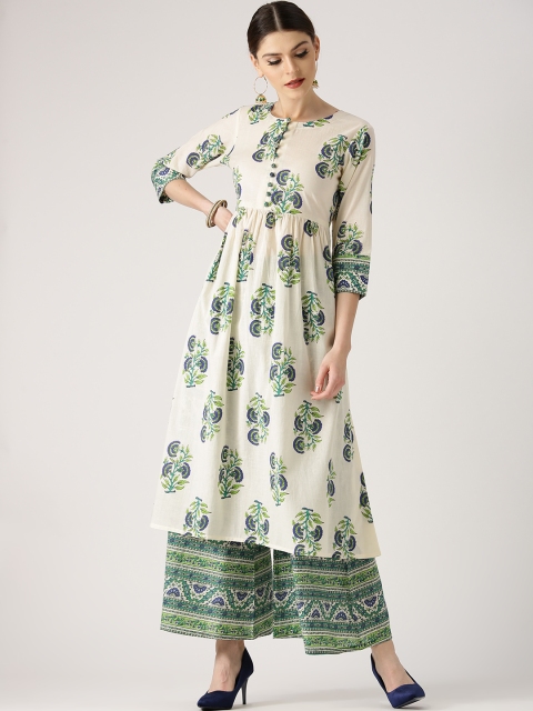 

Libas Women Off-White & Green Printed A-Line Kurta with Palazzos