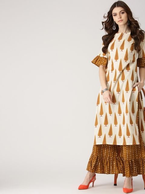 

Libas Women Off-White & Mustard Brown Printed Kurta with Palazzos