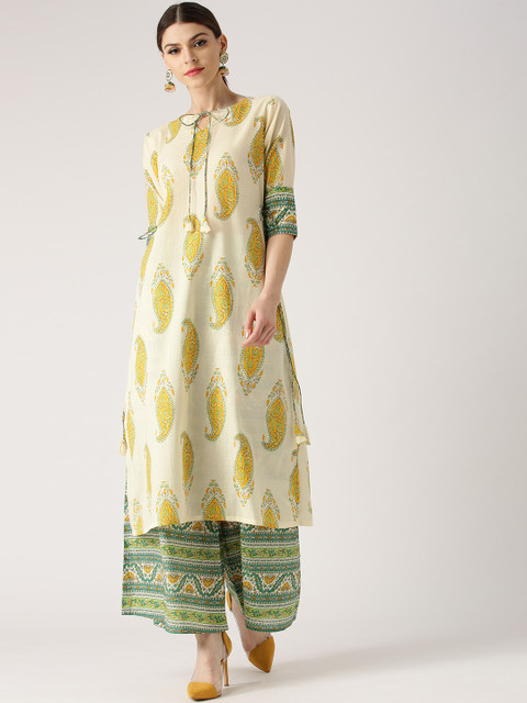

Libas Women Off-White & Green Printed Kurta with Palazzos