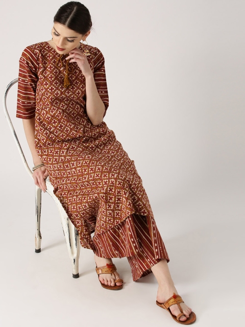 

Libas Women Maroon & Olive Green Printed A-Line Kurta with Palazzos