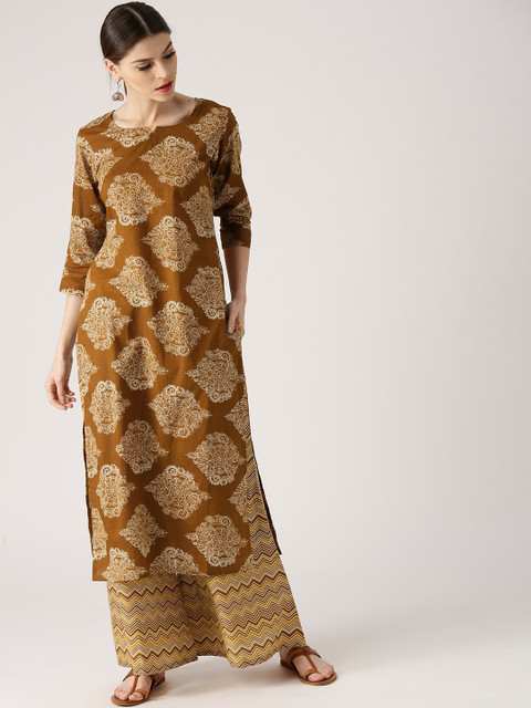 

Libas Women Mustard Brown & Beige Printed Kurta with Palazzos