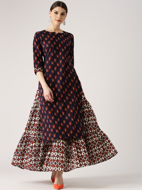 

Libas Women Navy & Rust Orange Printed Kurta with Skirt, Navy blue