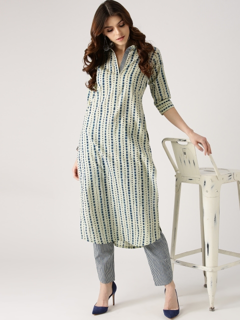 

Libas Women Beige & Blue Striped Kurta with Trousers