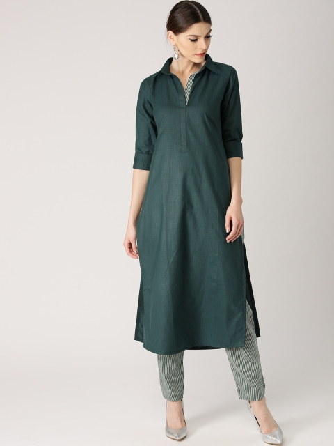 

Libas Women Green & Off-White Solid Kurta with Trousers