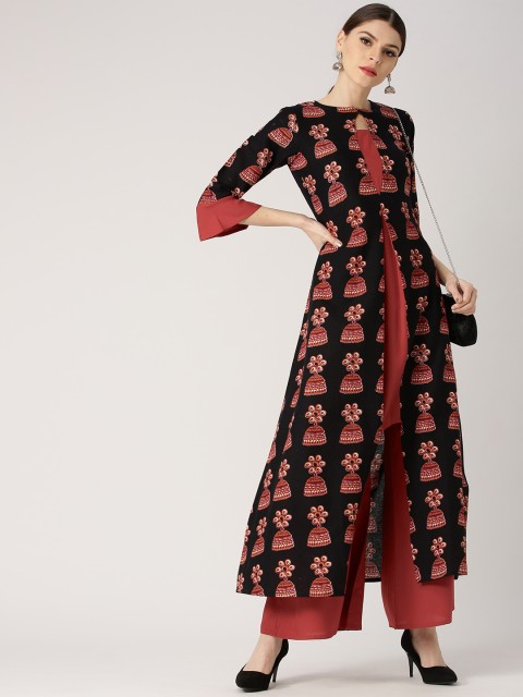 

Libas Women Black & Rust Red Printed Kurta with Palazzos
