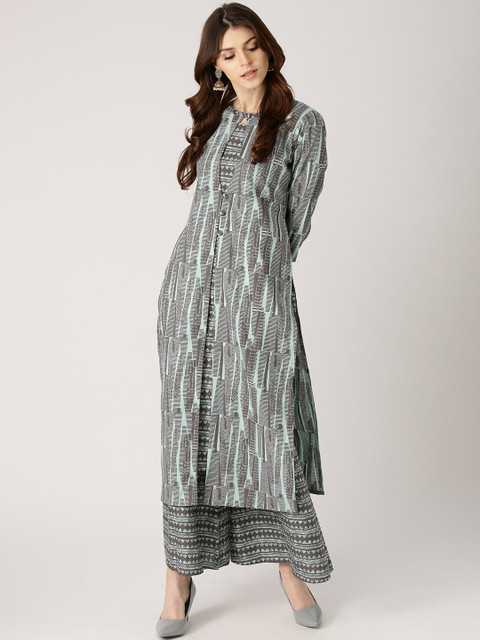 

Libas Women Blue & Grey Printed Layered Kurta with Palazzos