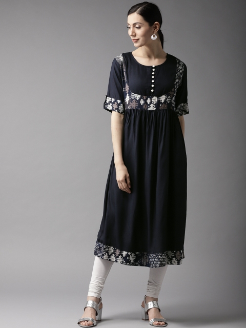 

Moda Rapido Women Navy Blue & White Solid A-Line Kurta