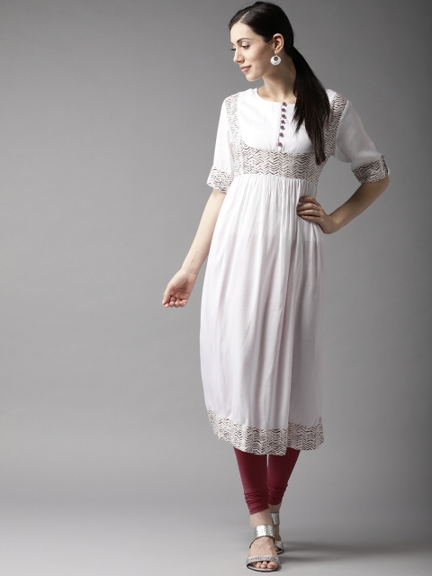 

Moda Rapido Women White & Burgundy Solid A-Line Kurta