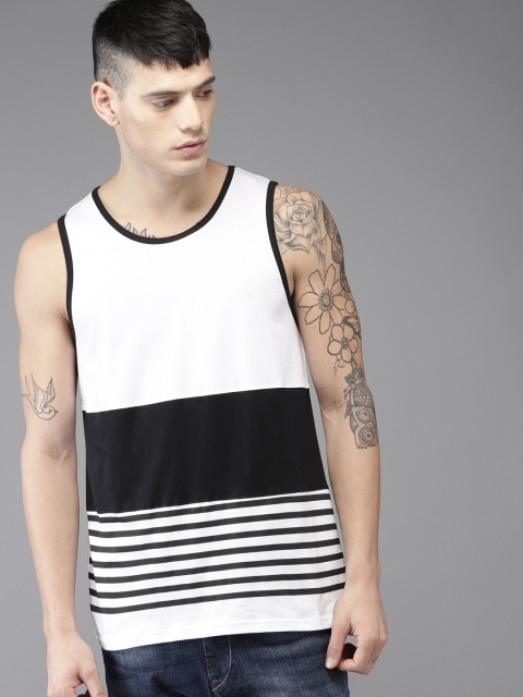 

HERENOW Men White Black Colourblocked Round Neck Pure Cotton T-shirt