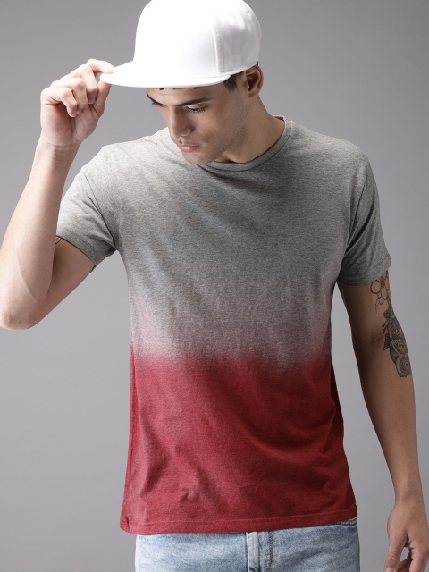 

HERE&NOW Men Grey Melange & Red Dyed Round Neck T-shirt