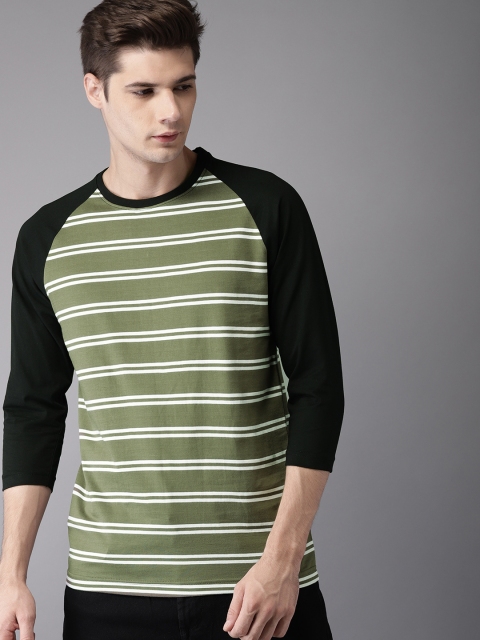 

HERE&NOW Men Olive Green Striped Round Neck T-shirt