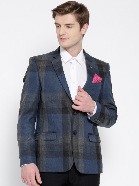 

Arrow Men Blue & Grey Melange Checked Tailored Fit Single-Breasted Formal Blazer